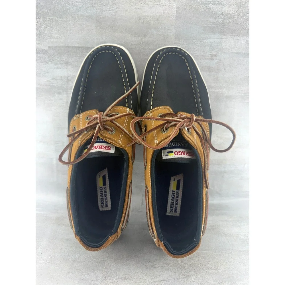Sebago Docksides Men Sz 9.5M Navy Tan Leather Platform Boat Shoes 254-25